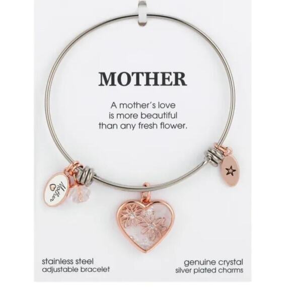 Rose Gold Two-Tone Stainless Steel Crystal "Mother" Heart and Flower Bracelet - Picture 1 of 3